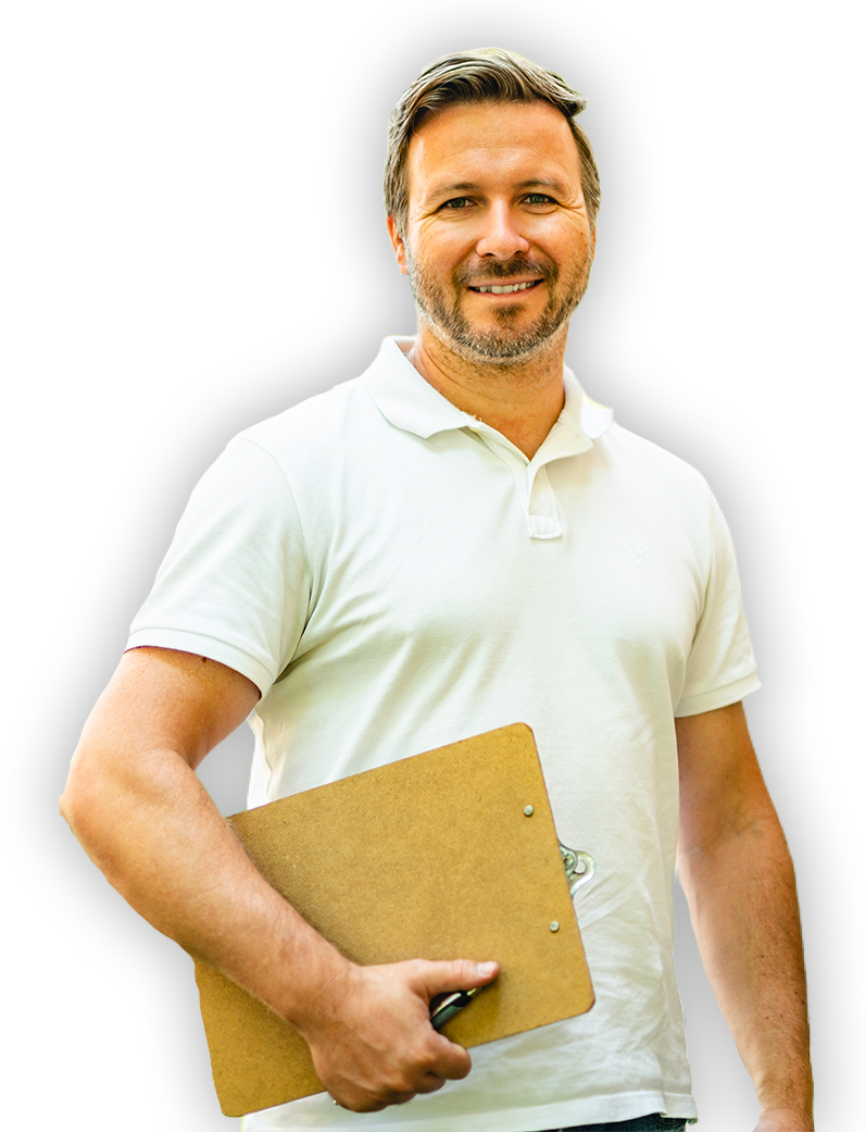 Smiling male professional in white polo holding clipboard and pen, portrait on black background